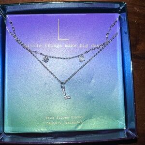 A New Day Silver Plated L Initial Cubic Zirconia Necklace and Earrings NIB